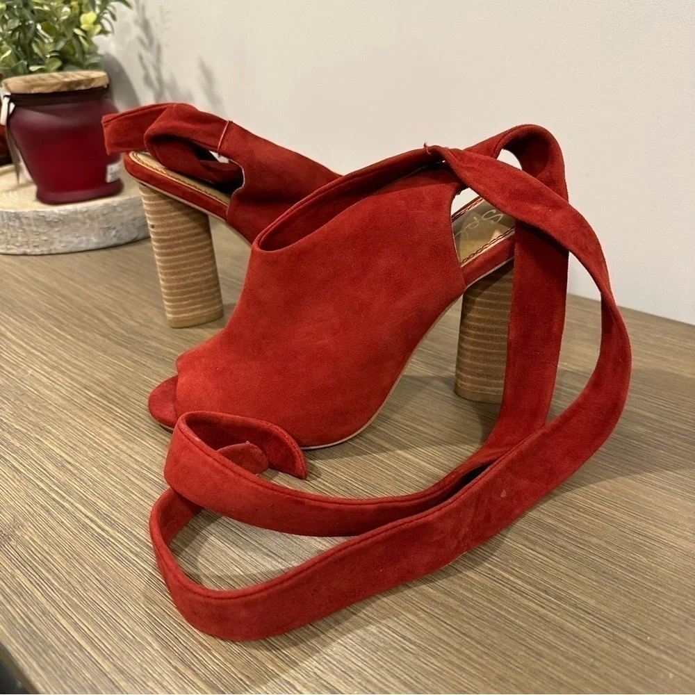 Splendid Navarro Red Suede Ankle Lace Up Peep Toe Wrap Suede Heeled Sandals 7.5